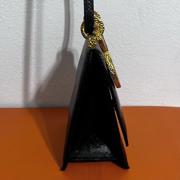 Clara Studio for Asymmetry Vtg Black Lizard Embossed Leather Bag 24K Gold Handle - Picture 5 of 16